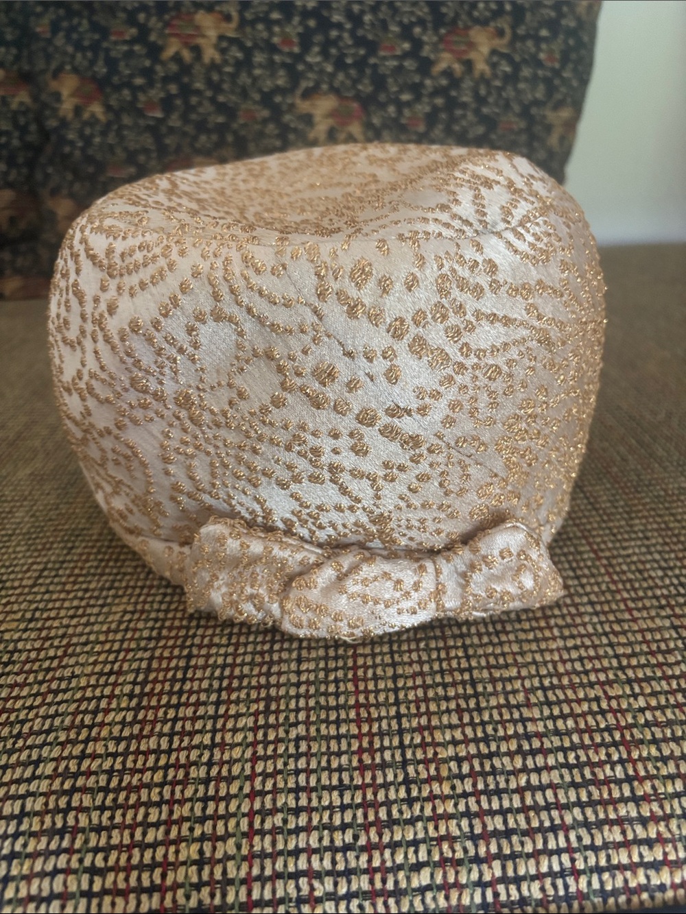 Vintage Gold Metallic Brocade Pillbox Hat with Bow Accent - Mid-Century Cocktail